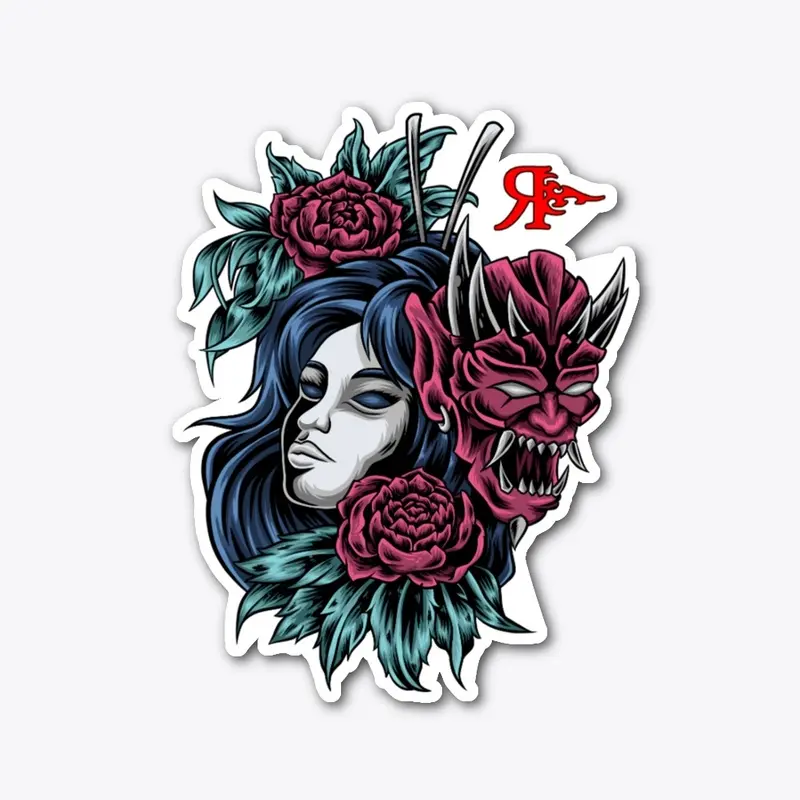 ROGUE GIRL ONI MASK TATTOO ART